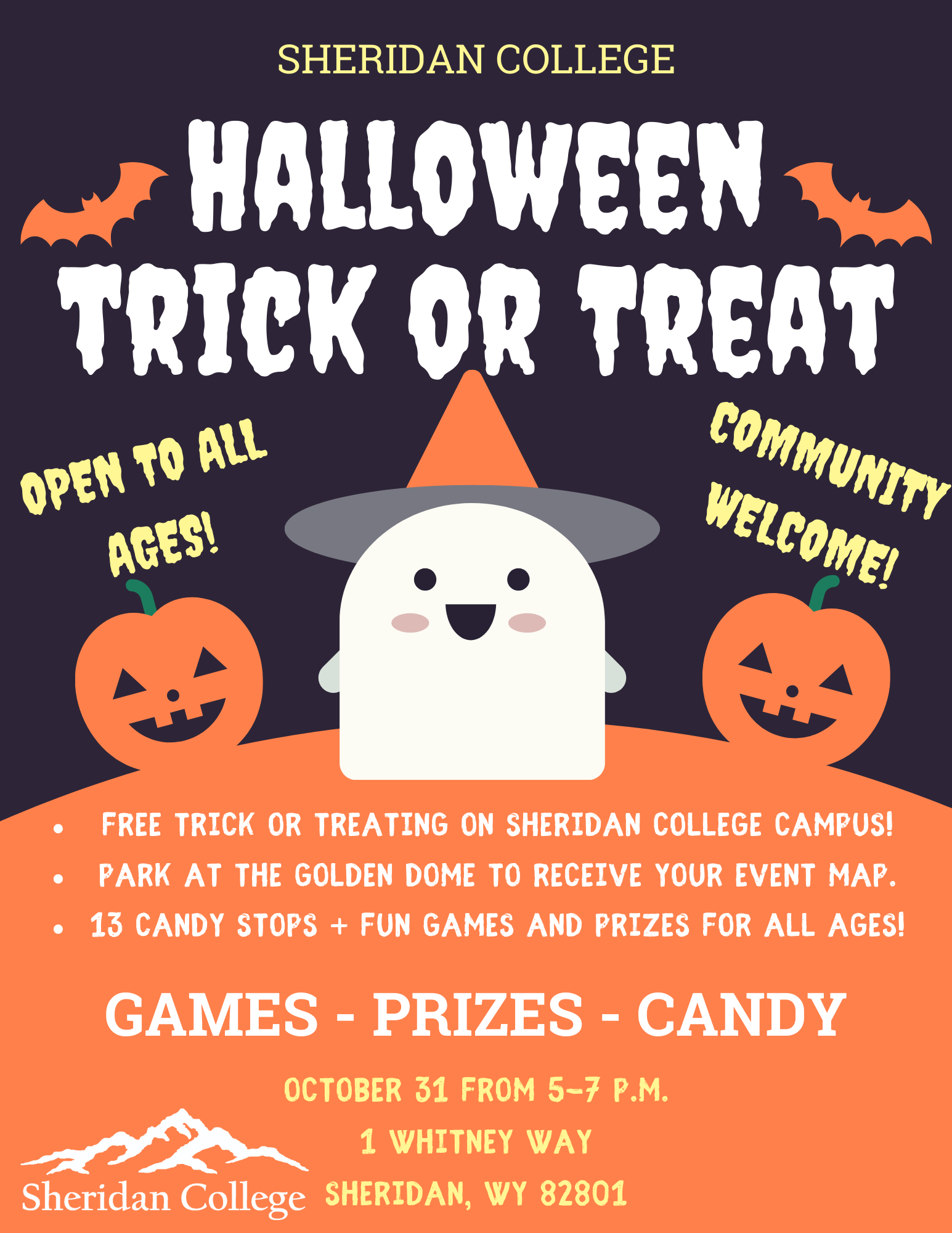 Trick or Treat poster for Sheridan College 5-7pm