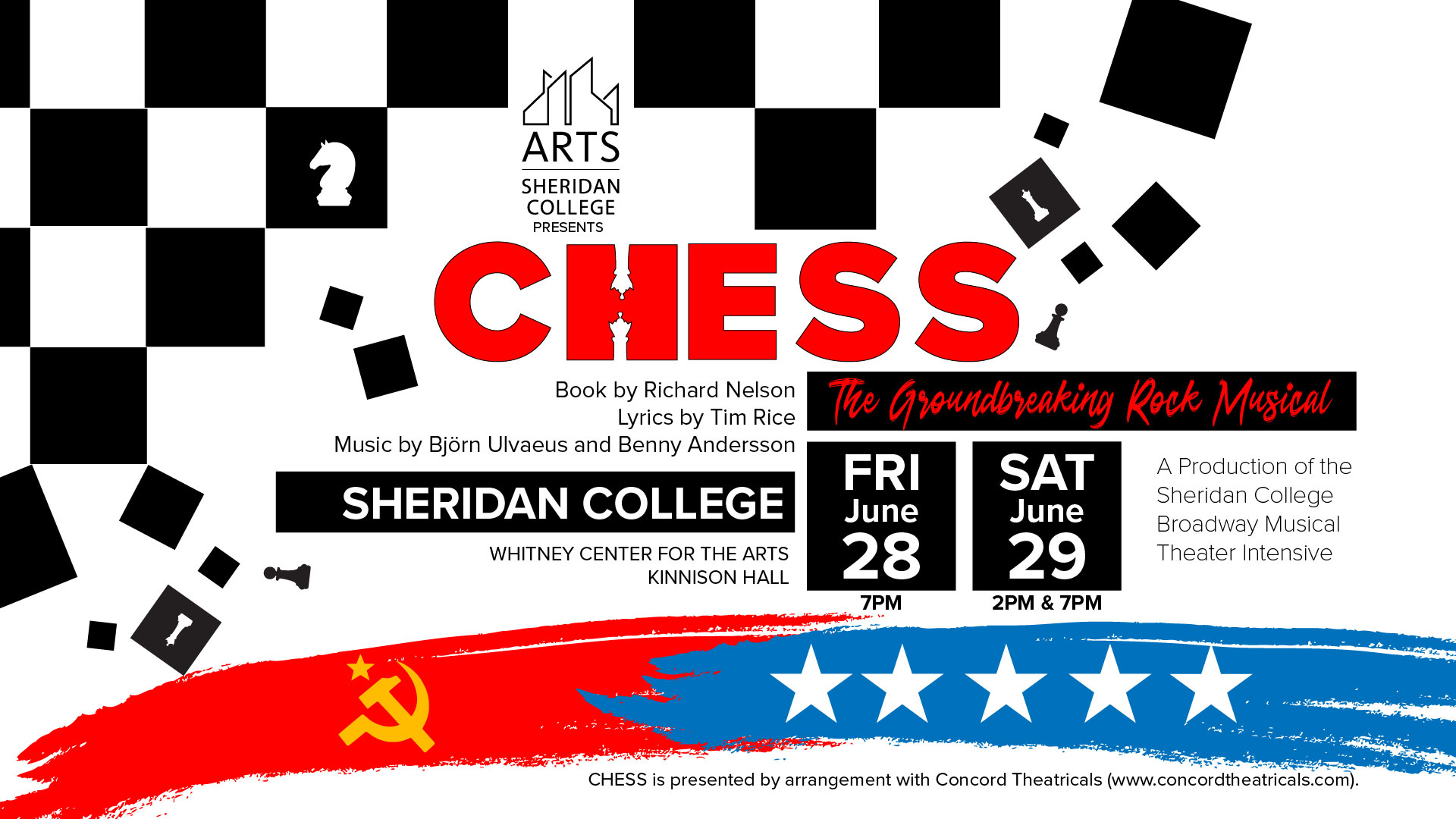 Banner with text describing the rock musical Chess with three performances at Sheridan College