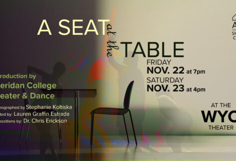 Graphic of table, chairs and dancers for the Sheridan College Theater and Dance production A Seat at the Table