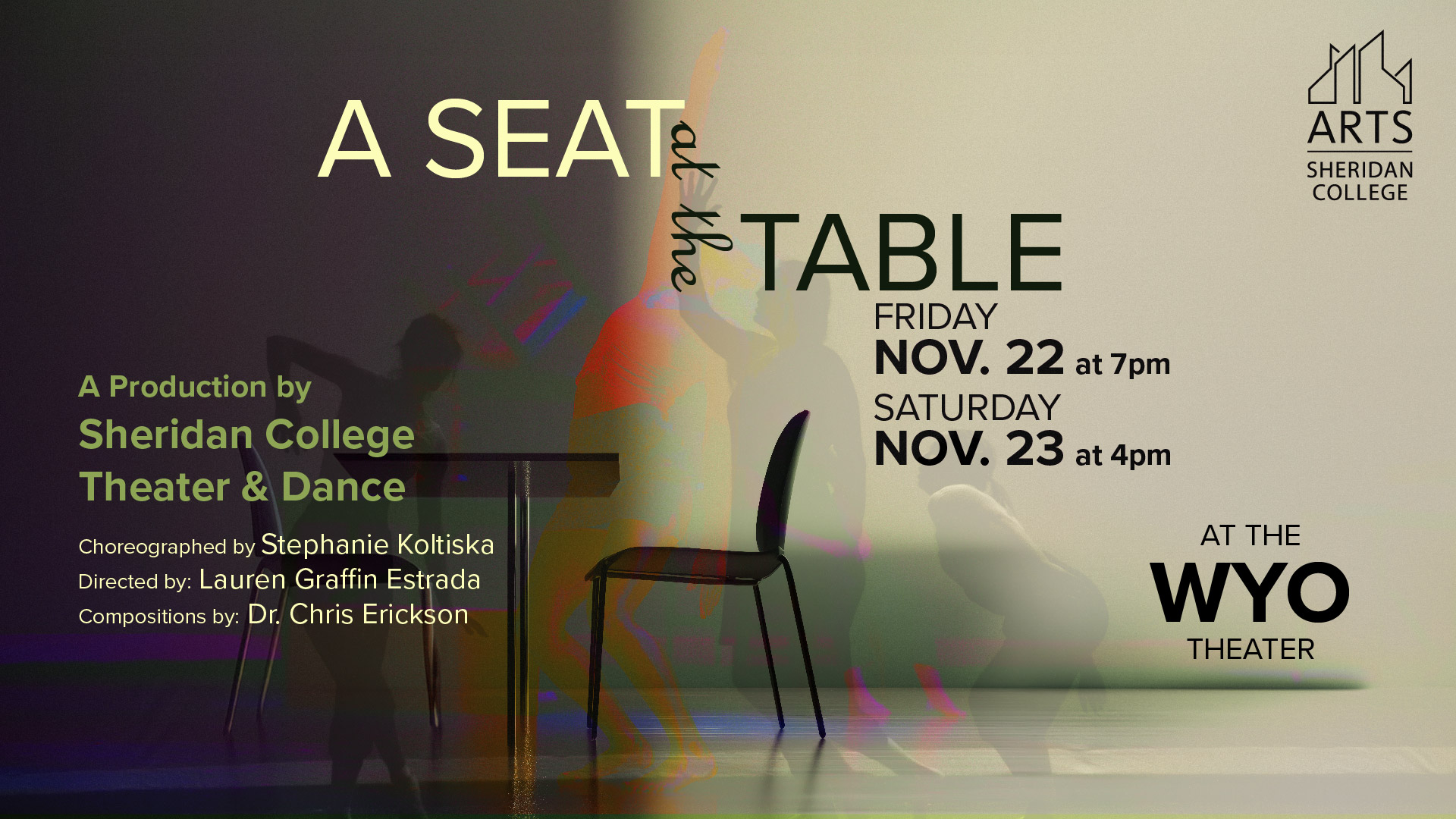 Graphic of table, chairs and dancers for the Sheridan College Theater and Dance production A Seat at the Table