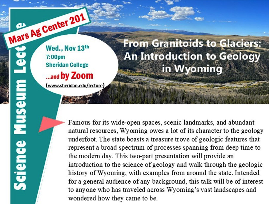 Image of flyer for the science museum lecture series on Wyoming geology happening Wednesday November 13th.