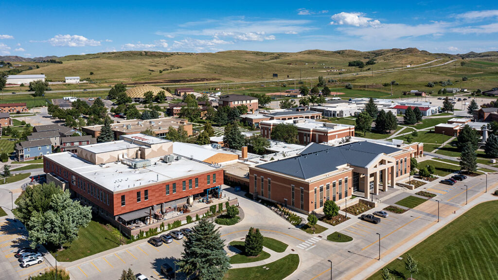 Sheridan College Campus drone photo showing the main Whitney Academic Center and the Whitney Center for the Arts