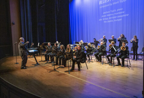 Image of the Sheridan College Jazz Ensemble Big Band performing on the Kinnison Hall Stage