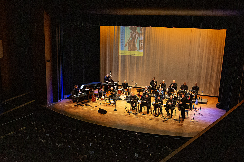 Photo of the Bighorn Jazz Orchestra performing on stage in Kinnison Hall