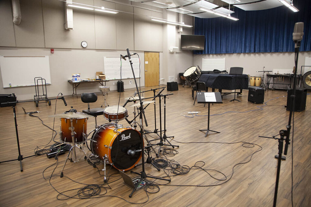 Recording studio live room with a miced drum kit