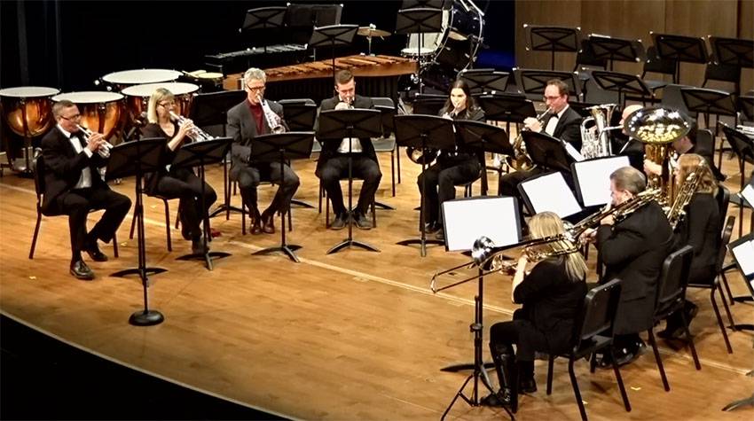 Sheridan College concert brass playing at Kinnison Hall.